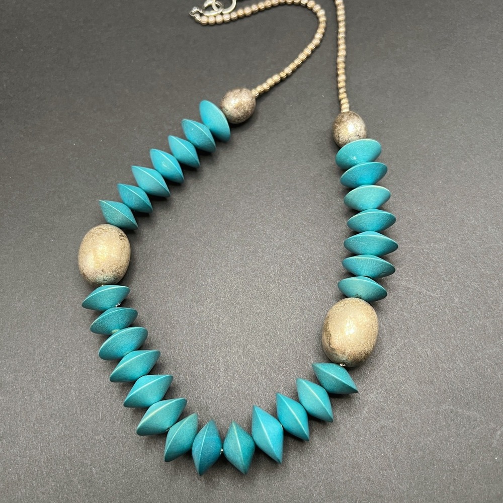 Wood Saucer Bead Necklace Silver Tone Turquoise Blue Biconical Geometric Boho
